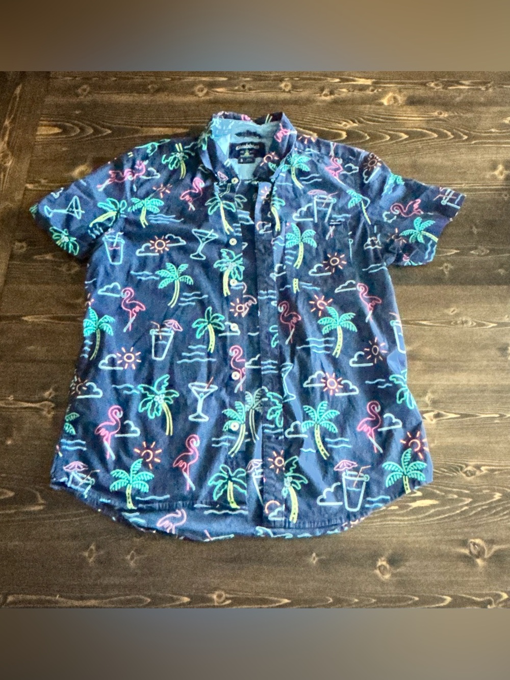 chubbies Navy Short-Sleeve Button-Up with Neon Tropical Print